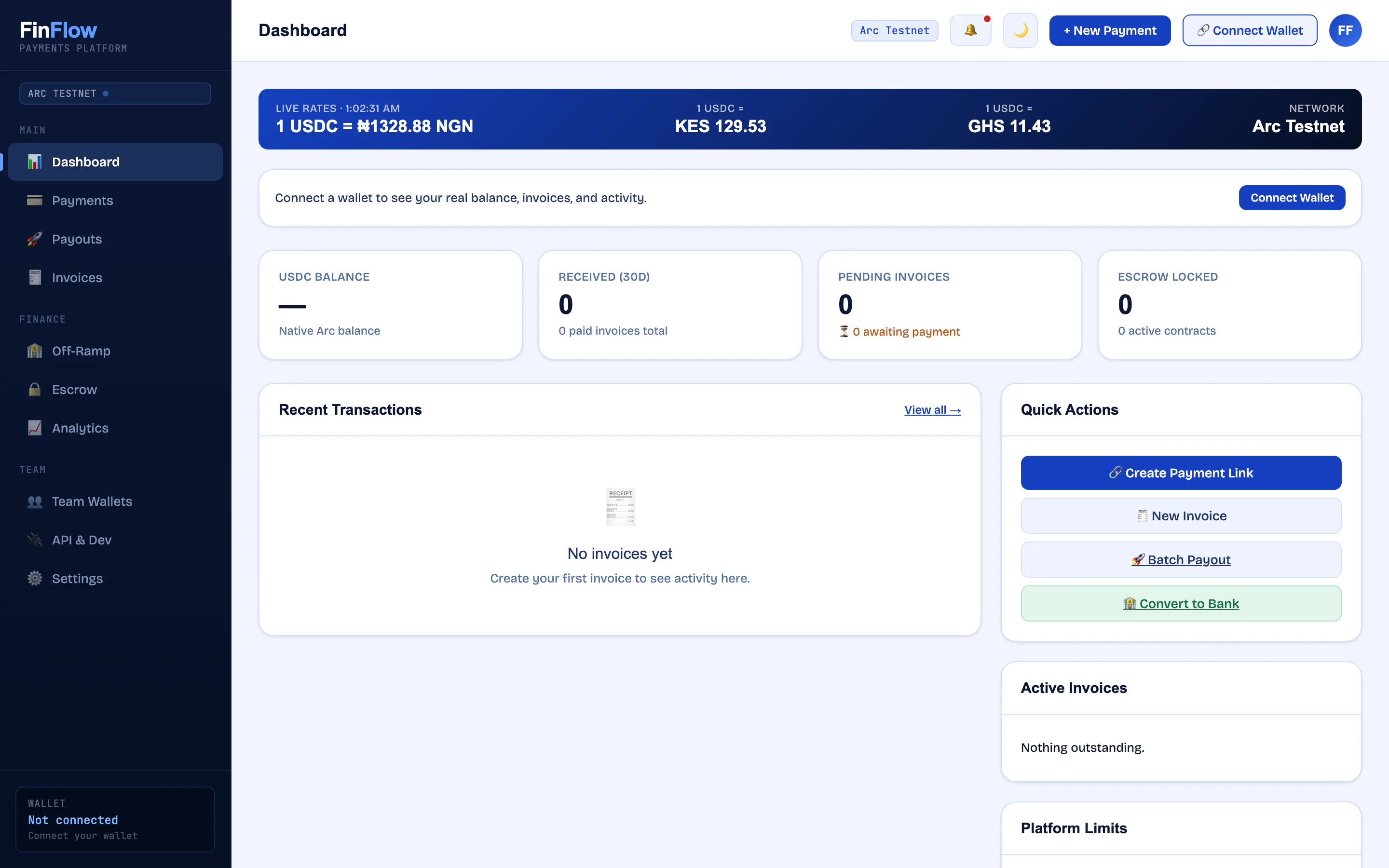 FinFlow dashboard showing USDC balance, received and pending invoice panels, escrow state and quick actions.