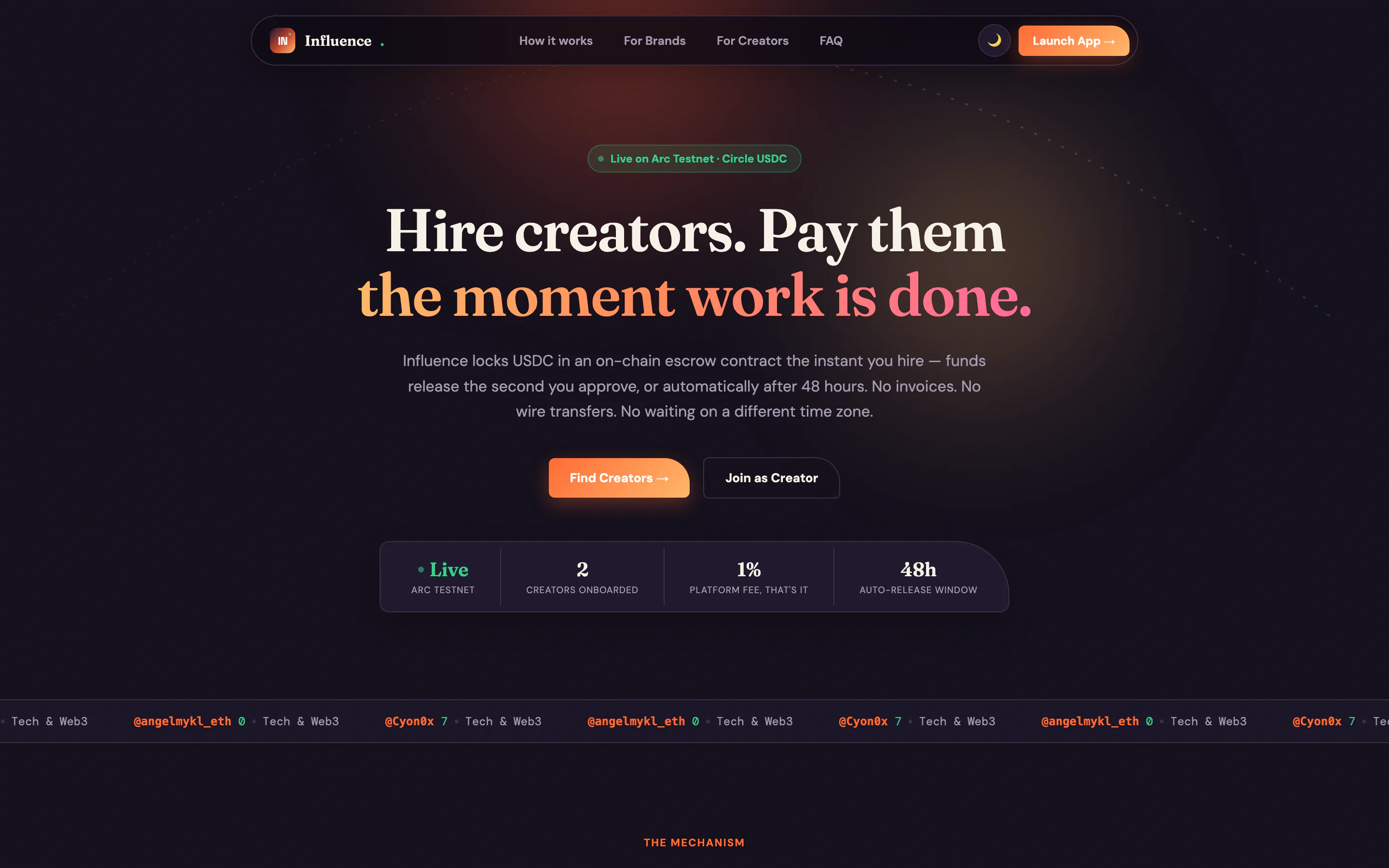 InfluenceFi landing page describing onchain creator hiring with USDC escrow, plus live testnet stats.