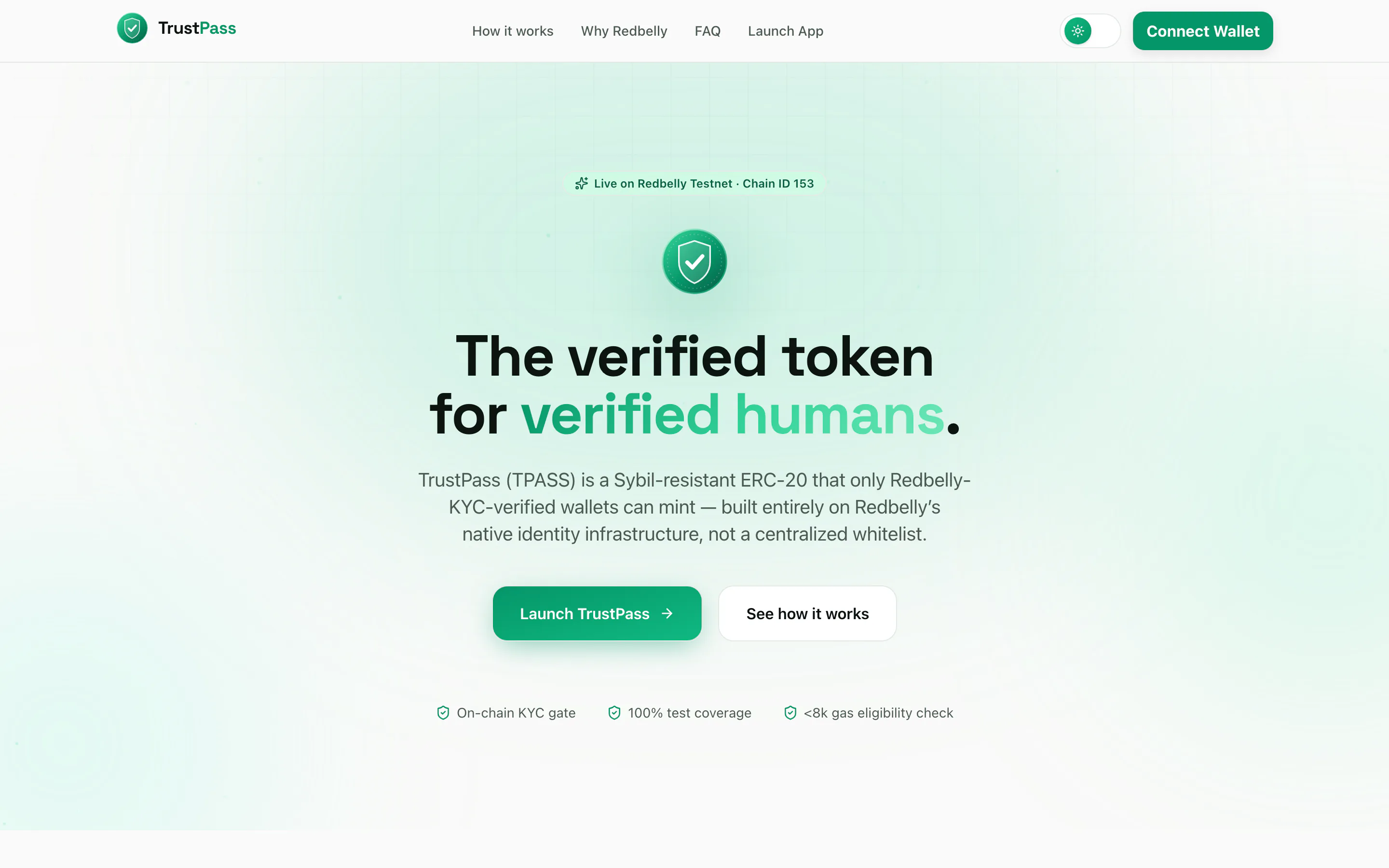 TrustPass landing page explaining a Sybil-resistant ERC-20 gated by Redbelly onchain KYC.