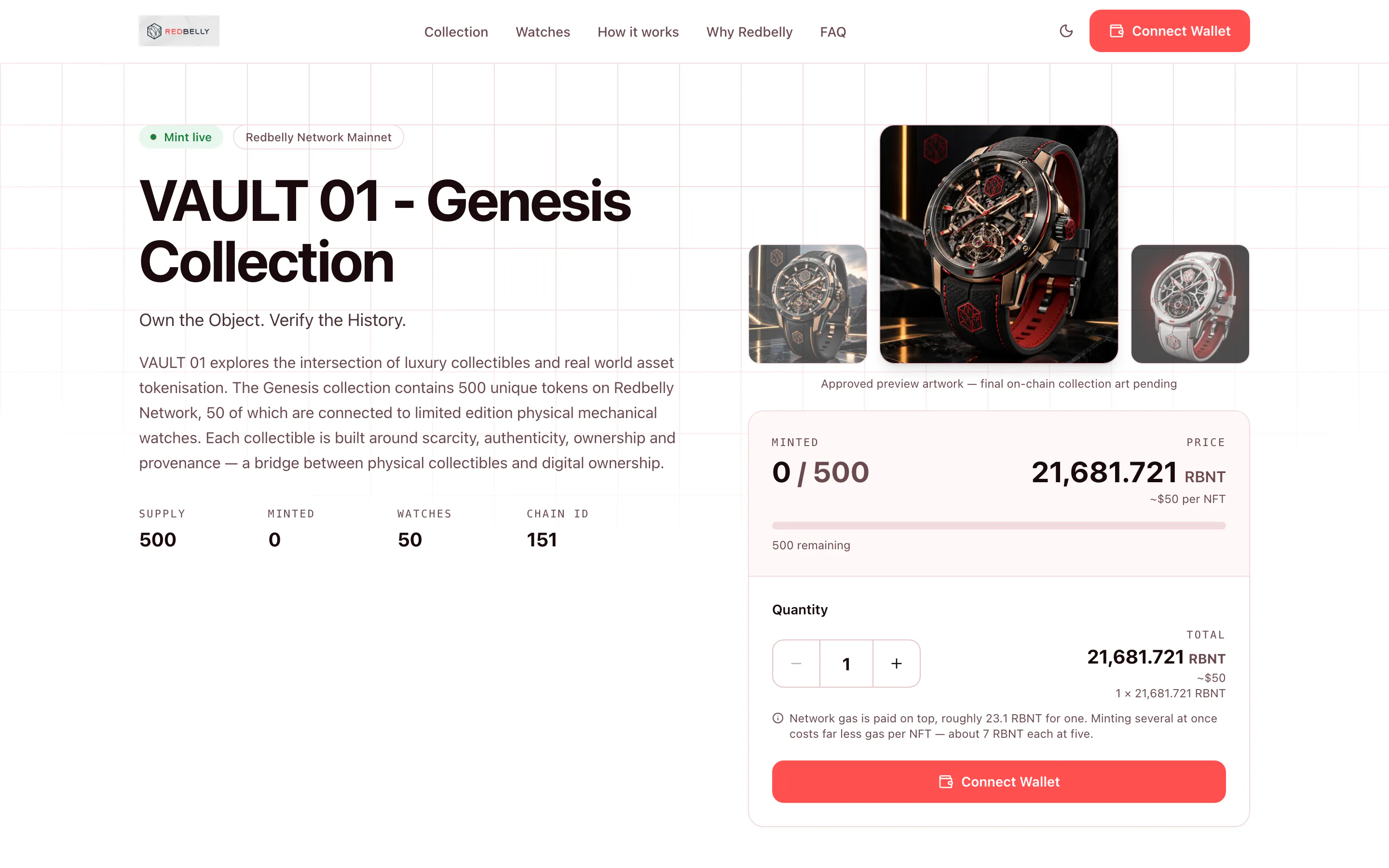 VAULT 01 Genesis Collection mint page on Redbelly Mainnet showing supply, price in RBNT and a connect wallet flow.